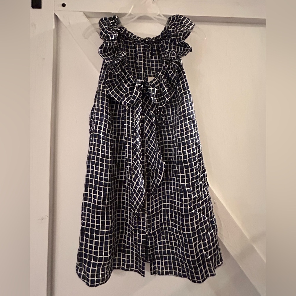 Banana Republic Navy and White Checkered Blouse with Bow- Size Small